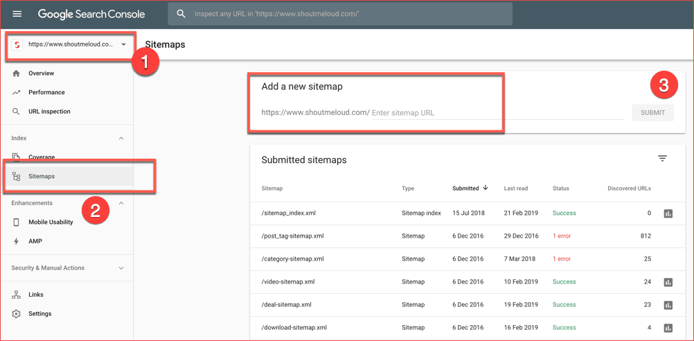 steps showing how to add a xml sitemap to google search console