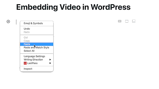 animated Gif showing how to embed a video into WordPress